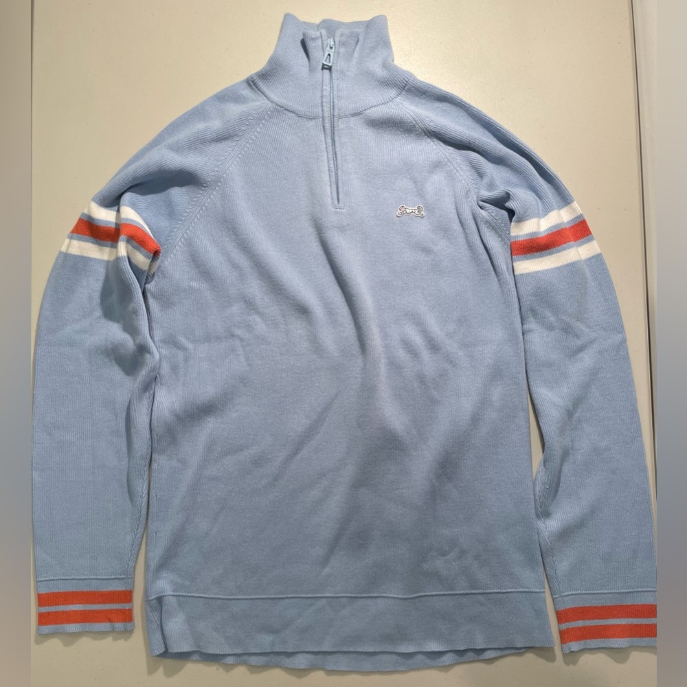 Le Tigre Men’s Quarter Zip Sweater Light Blue w/ Orange & White Stripe - Medium